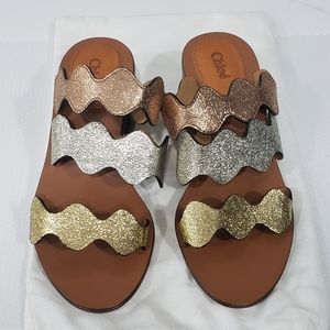 Auth Chloe three glitter band lauren slides 6 New